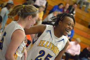 Chanta Wright 25, shares a laugh with her teammate Tiffany Masters. Photo Courtesy ILLINOIS CENTRAL COLLEGE ATHLETICS