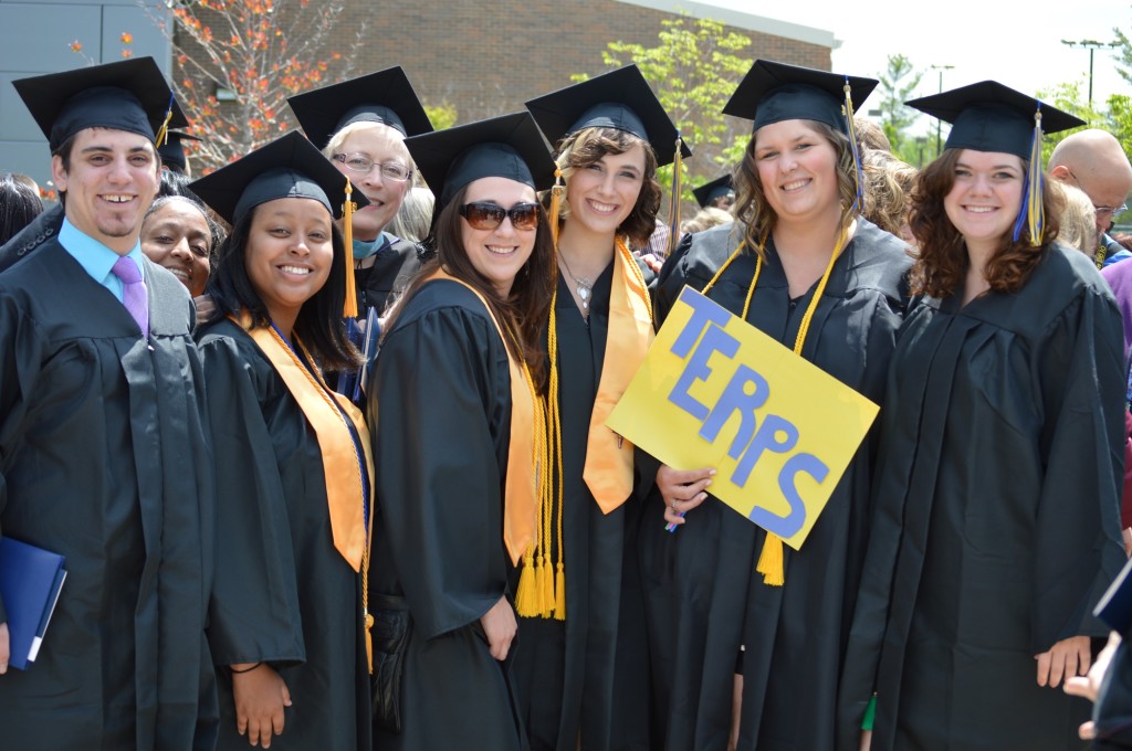 These students are all graduates of ICC's sign language interpreter program, hence they call themselves "terps." Left to right in caps are Adam Reisch, Toni Castro, Professor Sue Sanders, Phoebe Huebner, Jackie Langdon, Cassie Lucchesi and Kristen King. REID|HARBINGER